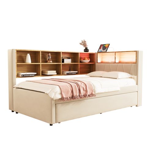 Lit Enfant 90x200cm Avec Lit Gigogne 90x190cm, LED+usb, Rangement Tête De Lit, Flanelle, Beige