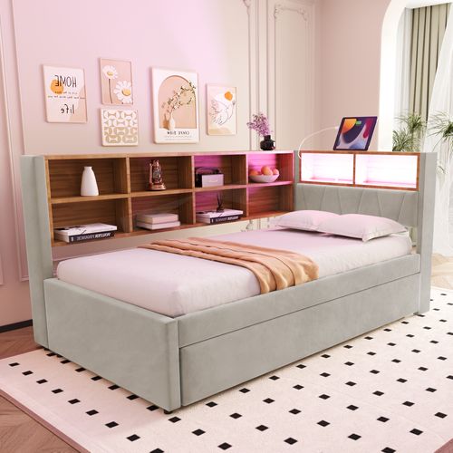 Lit Enfant 90x200cm Avec Lit Gigogne 90x190cm, LED+usb, Rangement Tête De Lit, Flanelle, Gris Clair