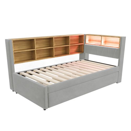 Lit Enfant 90x200cm Avec Lit Gigogne 90x190cm, LED+usb, Rangement Tête De Lit, Flanelle, Gris Clair