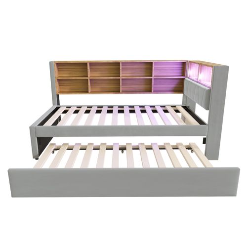 Lit Enfant 90x200cm Avec Lit Gigogne 90x190cm, LED+usb, Rangement Tête De Lit, Flanelle, Gris Clair