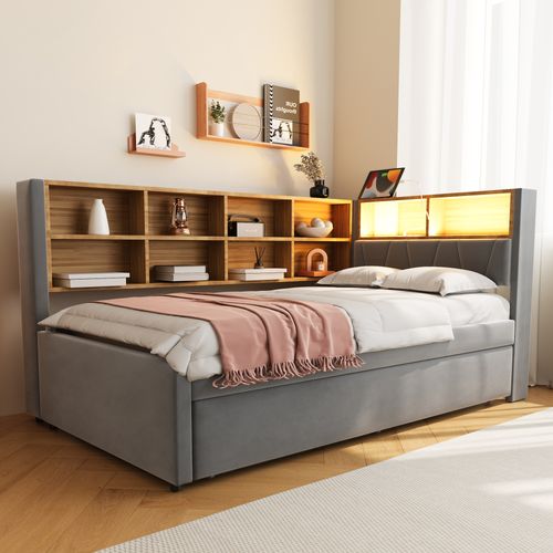 Lit Enfant 90x200cm Avec Lit Gigogne 90x190cm, LED+usb, Rangement Tête De Lit, Flanelle, Gris