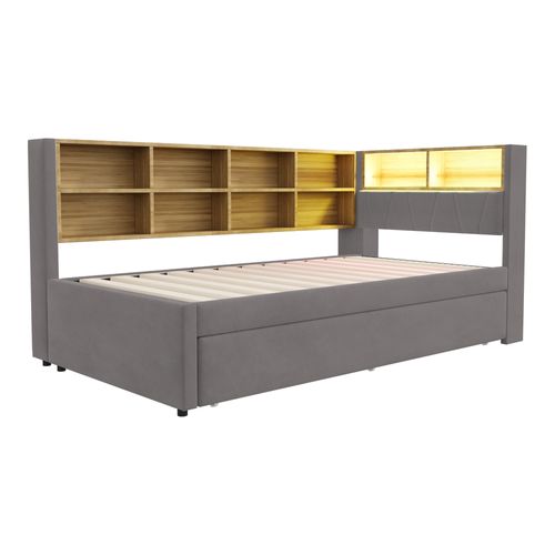 Lit Enfant 90x200cm Avec Lit Gigogne 90x190cm, LED+usb, Rangement Tête De Lit, Flanelle, Gris