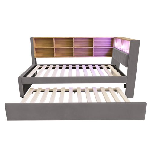 Lit Enfant 90x200cm Avec Lit Gigogne 90x190cm, LED+usb, Rangement Tête De Lit, Flanelle, Gris