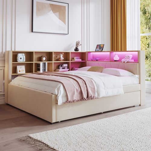 Lit Enfant 140x200cm Avec Lit Gigogne 90x190cm, LED + USB/tape-c ,flanelle, Beige