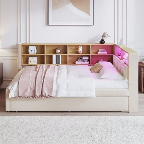 Lit Enfant 140x200cm Avec Lit Gigogne 90x190cm, LED + USB/tape-c ,flanelle, Beige