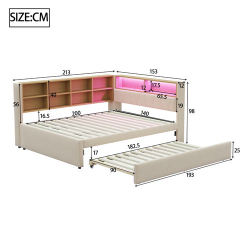 Lit Enfant 140x200cm Avec Lit Gigogne 90x190cm, LED + USB/tape-c ,flanelle, Beige