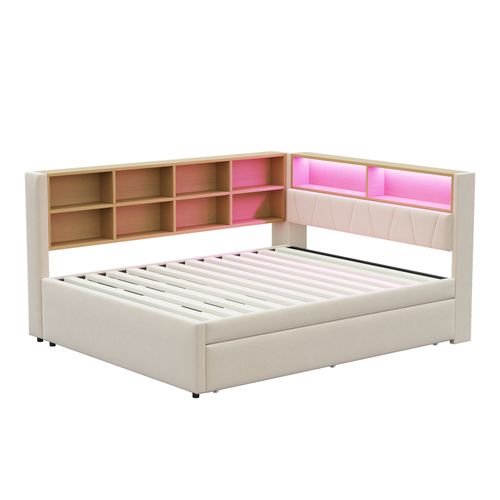 Lit Enfant 140x200cm Avec Lit Gigogne 90x190cm, LED + USB/tape-c ,flanelle, Beige