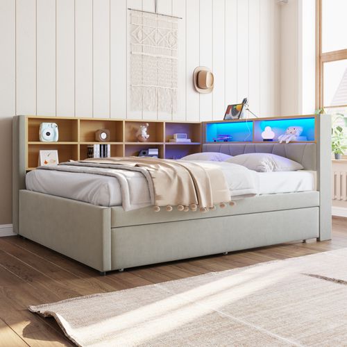 Lit Enfant 140x200cm Avec Lit Gigogne 90x190cm, LED + USB/tape-c ,flanelle, Gris