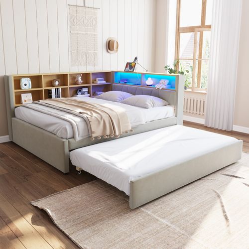 Lit Enfant 140x200cm Avec Lit Gigogne 90x190cm, LED + USB/tape-c ,flanelle, Gris