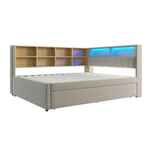Lit Enfant 140x200cm Avec Lit Gigogne 90x190cm, LED + USB/tape-c ,flanelle, Gris