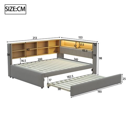 Lit Enfant 140x200cm Avec Lit Gigogne 90x190cm, LED + USB/tape-c ,flanelle, Gris Foncé