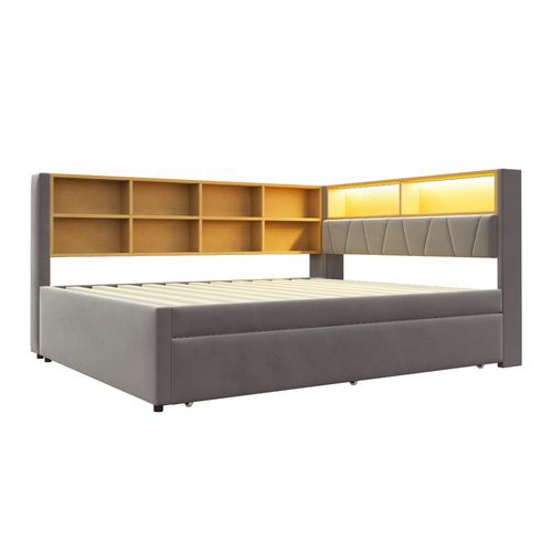 Lit Enfant 140x200cm Avec Lit Gigogne 90x190cm, LED + USB/tape-c ,flanelle, Gris Foncé