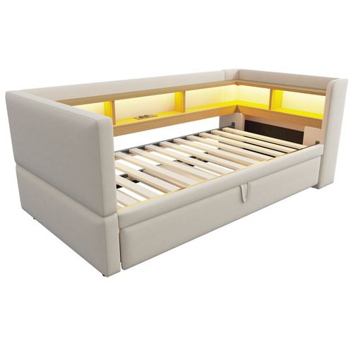 Lit Enfant 90x190cm/180x190cm Avec Lit Gigogne, LED+usb, Beige