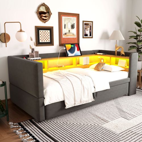 Lit Enfant 90x190cm/180x190cm Avec Lit Gigogne, LED+usb, Rangement, Gris Foncé