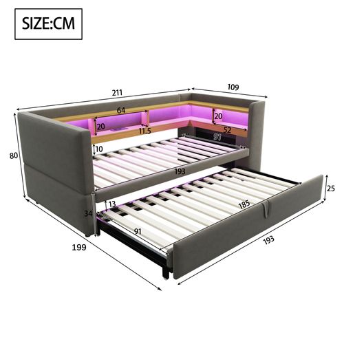 Lit Enfant 90x190cm/180x190cm Avec Lit Gigogne, LED+usb, Rangement, Gris Foncé