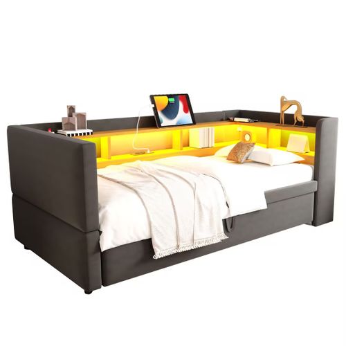 Lit Enfant 90x190cm/180x190cm Avec Lit Gigogne, LED+usb, Rangement, Gris Foncé