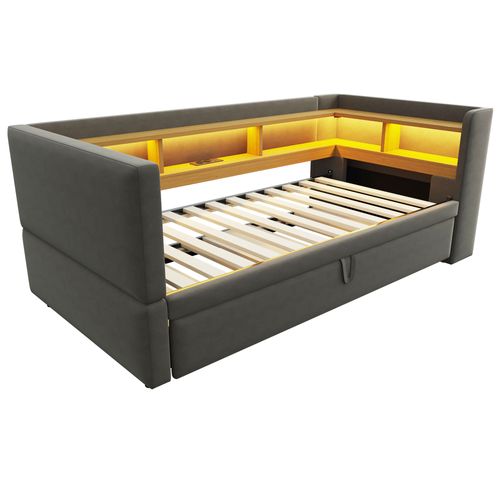 Lit Enfant 90x190cm/180x190cm Avec Lit Gigogne, LED+usb, Rangement, Gris Foncé