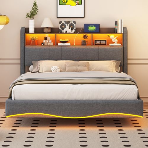 Lit Adulte 140x200cm, LED, USB Et Type-c, Compartiment De Rangement, Lin, Gris