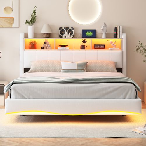 Lit Adulte 160x200cm, LED, USB Et Type-c, Compartiment De Rangement, Lin, Beige