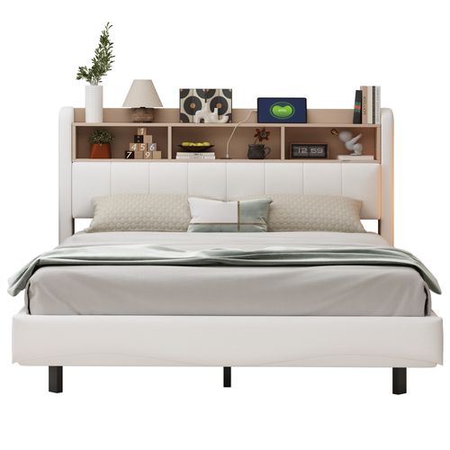 Lit Adulte 160x200cm, LED, USB Et Type-c, Compartiment De Rangement, Lin, Beige