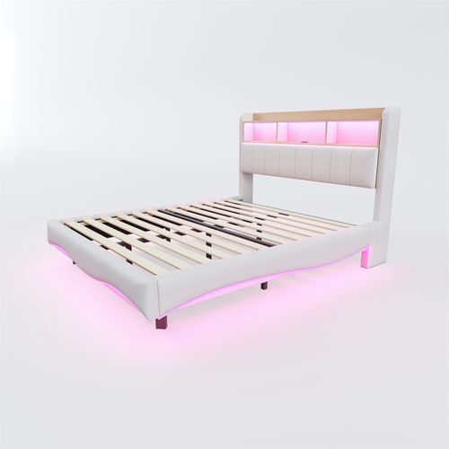 Lit Adulte 160x200cm, LED, USB Et Type-c, Compartiment De Rangement, Lin, Beige