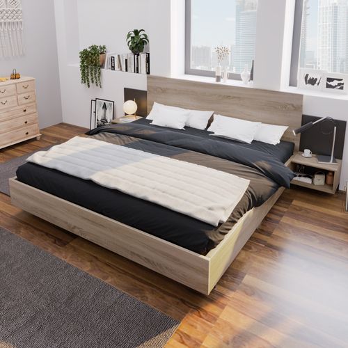 Lit Adulte 160 X 200 Cm Avec 2 Tables De Chevet, En Bois, Naturel