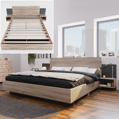 Lit Adulte 160 X 200 Cm Avec 2 Tables De Chevet, En Bois, Naturel
