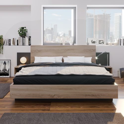 Lit Adulte 160 X 200 Cm Avec 2 Tables De Chevet, En Bois, Naturel
