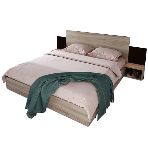 Lit Adulte 160 X 200 Cm Avec 2 Tables De Chevet, En Bois, Naturel