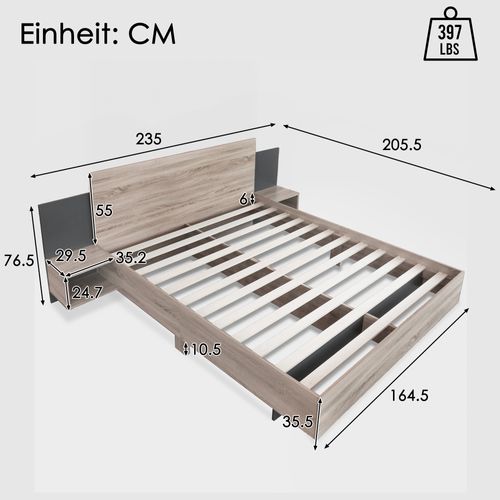 Lit Adulte 160 X 200 Cm Avec 2 Tables De Chevet, En Bois, Naturel