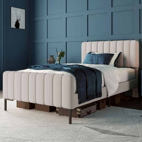 Lit Enfant Rembourré 90 X 200 Cm, Cadre De Lit Avec Sommier Et Tête De Lit Réglable,lin, Gris-beige