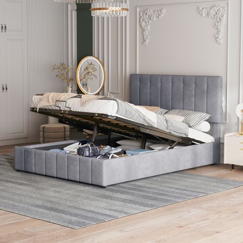 Lit Coffre Adulte 140x200 Cm, Espace De Rangement, Tête De Lit Rembourrée Réglable, Velours, Gris