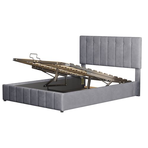Lit Coffre Adulte 140x200 Cm, Espace De Rangement, Tête De Lit Rembourrée Réglable, Velours, Gris