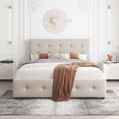 Lit Adulte 140 X 200 Cm Avec Tiroirs, Sommier à Lattes, Cadre De Lit Avec Rangement, Velours Beige