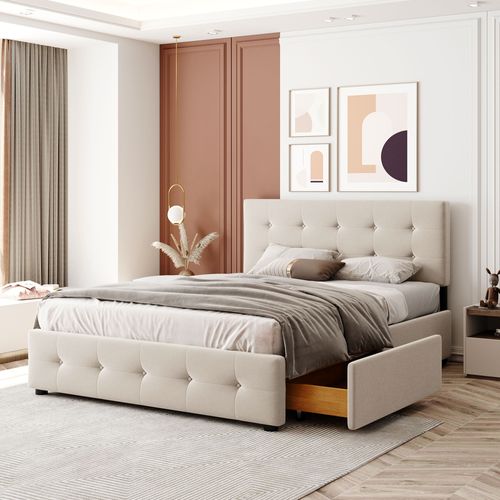 Lit Adulte 140 X 200 Cm Avec Tiroirs, Sommier à Lattes, Cadre De Lit Avec Rangement, Velours Beige
