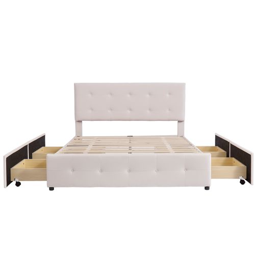 Lit Adulte 140 X 200 Cm Avec Tiroirs, Sommier à Lattes, Cadre De Lit Avec Rangement, Velours Beige