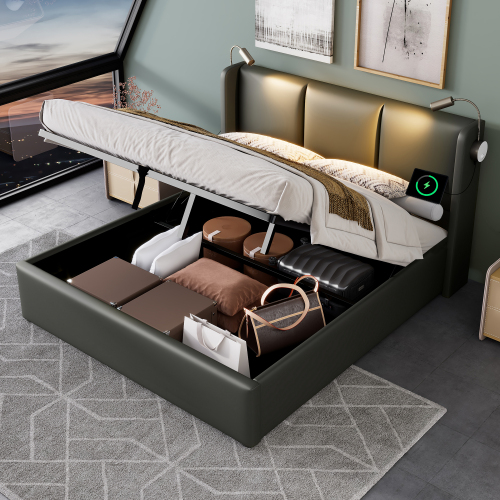 Lit coffre adulte 140x200 cm, lit 2 places, lit avec rangement, tête de lit avec lampe, USB, pu gris