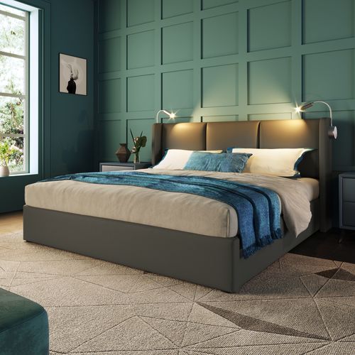 Lit Coffre Adulte 160x200 Cm Avec Sommier, Cadre De Lit Avec Rangement, Lampe, USB, Pu Gris