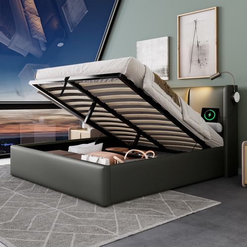 Lit Coffre Adulte 160x200 Cm Avec Sommier, Cadre De Lit Avec Rangement, Lampe, USB, Pu Gris