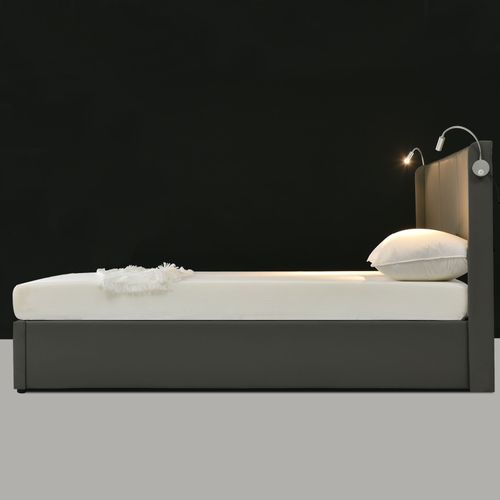 Lit Coffre Adulte 160x200 Cm Avec Sommier, Cadre De Lit Avec Rangement, Lampe, USB, Pu Gris
