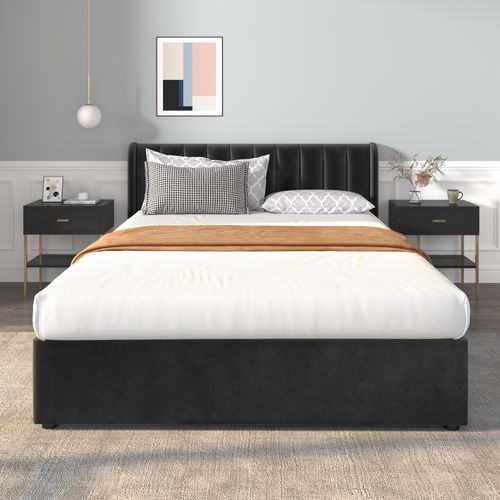 Lit Adulte 140x200 Cm Avec Sommier Et 2 Tiroirs, En Velours Noir