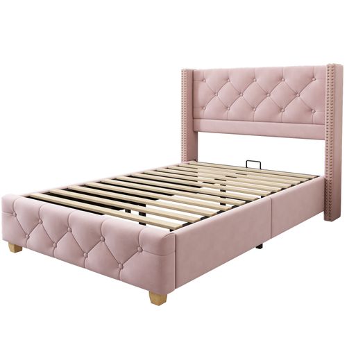 Lit Simple Enfant 90x200 Cm, Tête De Lit Capitonnée Rivetée, Pieds En Bois, Velours, Rose