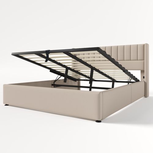 Lit Coffre 180x200 Cm, Cadre De Lit Avec Rangement, Sommier à Lattes, Lin, Beige