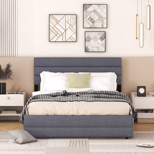 Lit Adulte 140x200 Cm Avec Lit Gigogne, 2 Tiroirs, Sommier à Lattes, Lin, Gris