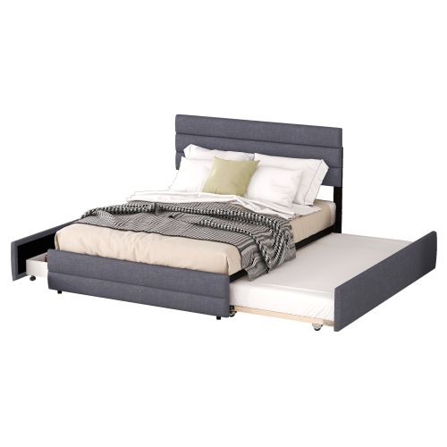 Lit Adulte 140x200 Cm Avec Lit Gigogne, 2 Tiroirs, Sommier à Lattes, Lin, Gris