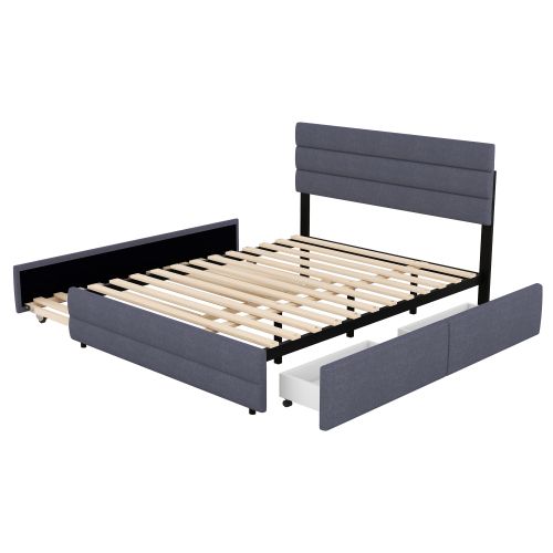 Lit Adulte 140x200 Cm Avec Lit Gigogne, 2 Tiroirs, Sommier à Lattes, Lin, Gris