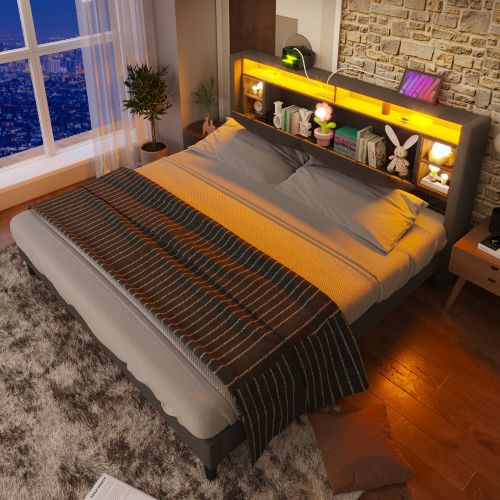Lit Adulte 140x200 Cm Avec Tête De Lit Rangement Et Recharge USB, LED, Sommier à Lattes, Gris