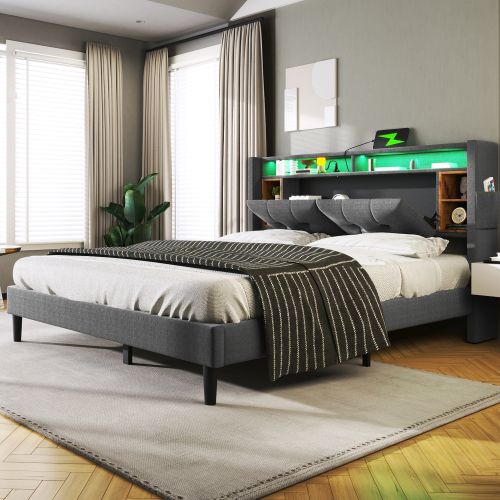 Lit Adulte 140x200 Cm Avec Tête De Lit Rangement Et Recharge USB, LED, Sommier à Lattes, Gris