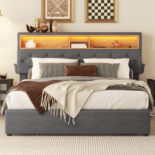 Lit Adulte 140x200cm Avec 4tiroirs, USB + LED, Tête De Lit De Rangement Réglable, Lin, Gris