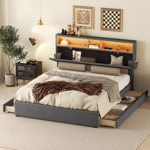 Lit Adulte 140x200cm Avec 4tiroirs, USB + LED, Tête De Lit De Rangement Réglable, Lin, Gris